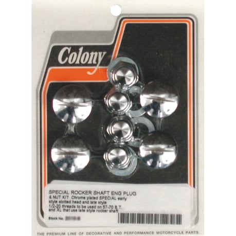 Colony, rocker shaft plug & nut kit. Slotted. Chrome Keinuvivun akselin tulppa- ja mutterisarja. Uritettu.