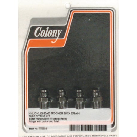 Colony, rocker box oil drain fittings. Black öljyntyhjennysputken nipat mustat