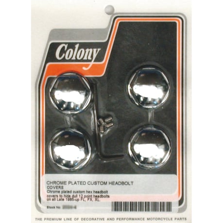 Colony, head bolt cover kit. Custom hex domed, chrome Kannen pultin suojussarja. Mukautettu kuusikulmainen, kromattu