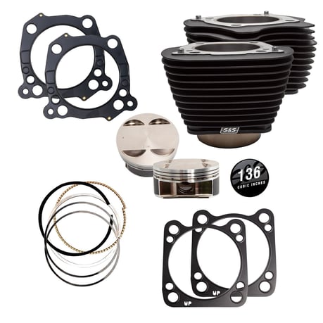 S&S, M8 136" big bore cylinder & piston kit. Black fins